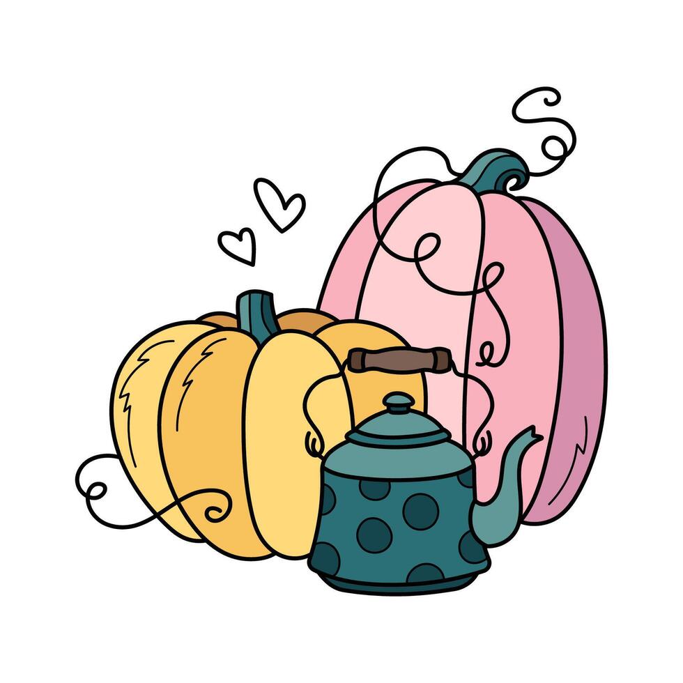 otoño calabazas y Clásico tetera linda mano dibujado ilustración. adorable kawaii composición. dibujos animados plano clipart para estacional saludo tarjetas, ropa huellas dactilares, pegatinas, embalaje. vector