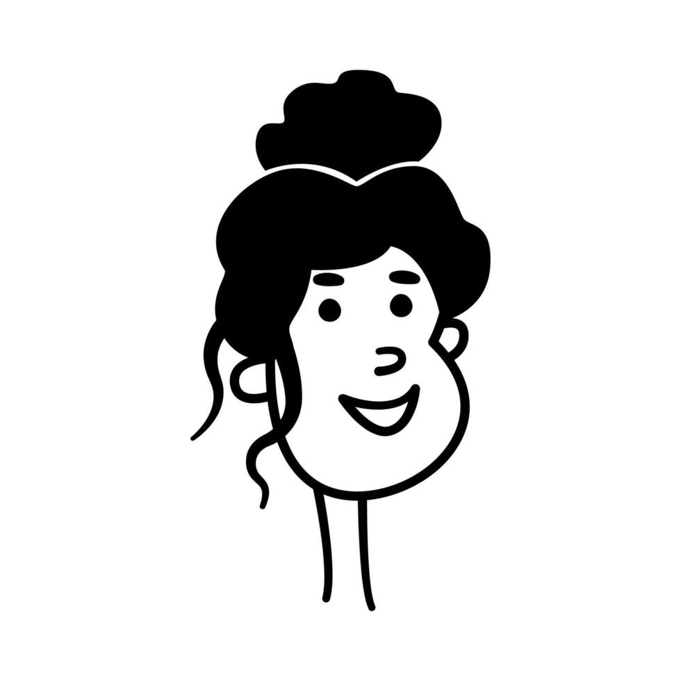 sencillo mínimo dibujos animados retrato de un joven mujer. emoción de alegría, felicidad, Placer en el muchachas rostro. negro y blanco icono para perfil imagen, avatar, pegatina. gracioso sonriente humano cabeza. clipart vector