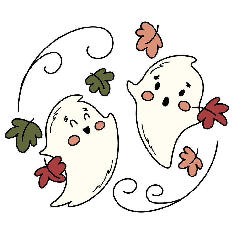 Cute happy ghosts dance in autumn leaves. Spooky Halloween hand drawn illustration. Clipart for greeting cards, stickers and party decorations. vector