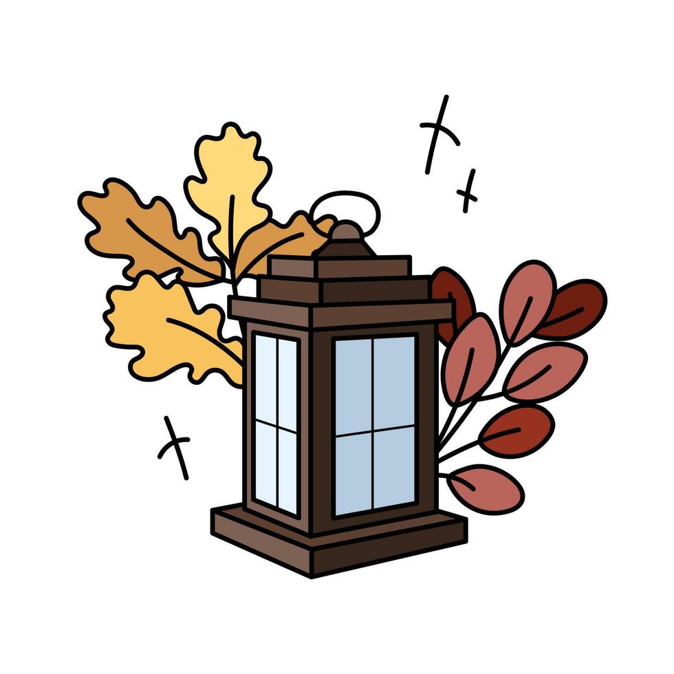 Vintage portable street lantern with yellow and red leaves. Autumn cute hand drawn concept illustration. cartoon flat clipart for seasonal greeting cards, prints, stickers, packaging. vector