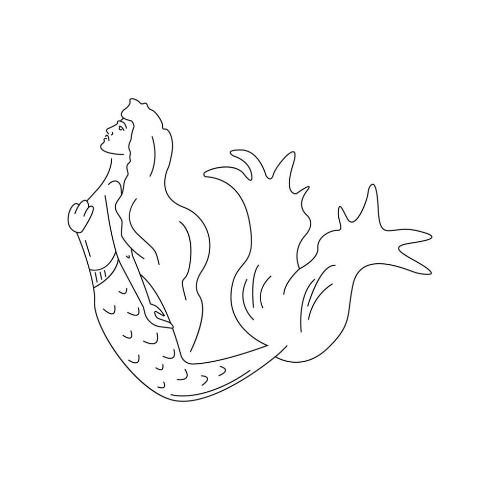 Cute cartoon mermaid. Isolated illustration in linear style. vector