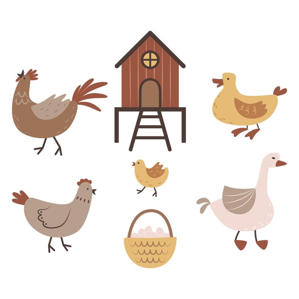 Cartoon set of poultry. A chicken coop and a basket with eggs. vector