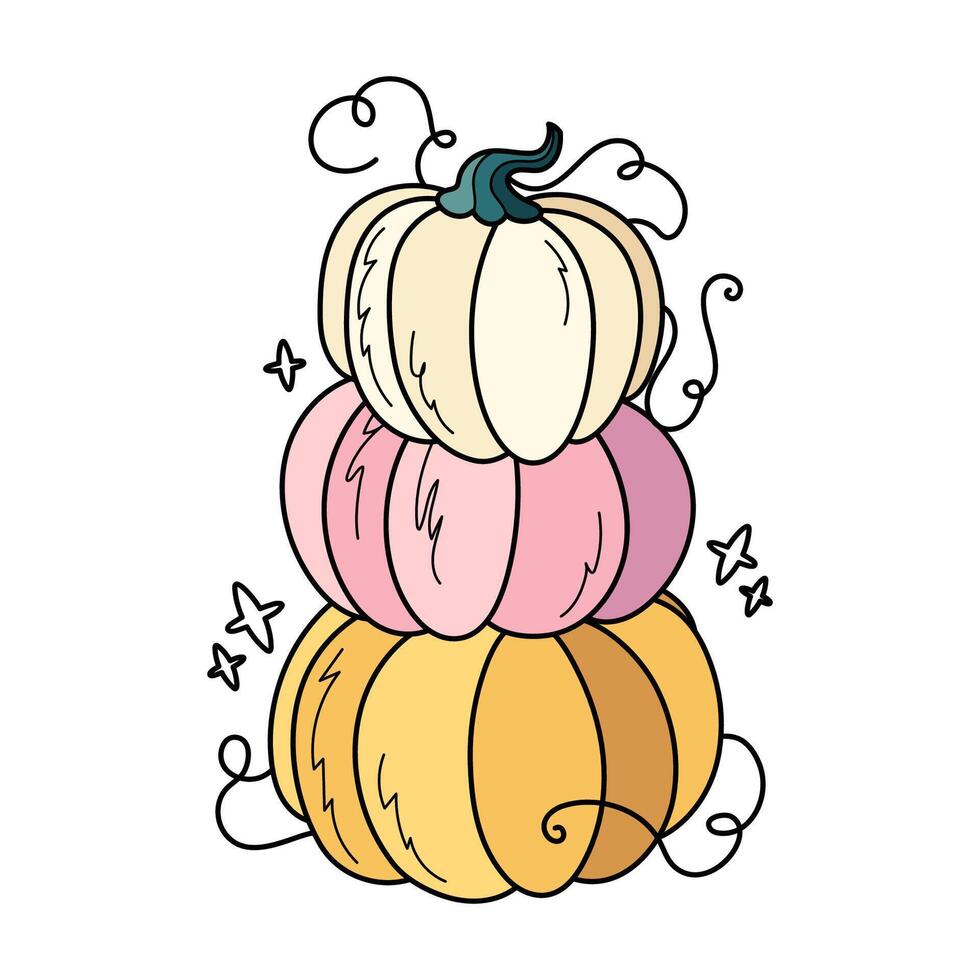 Tower of three pumpkins cute hand drawn illustration. Adorable kawaii autumn composition. cartoon flat clipart for seasonal greeting cards, clothing prints, stickers, packaging. vector