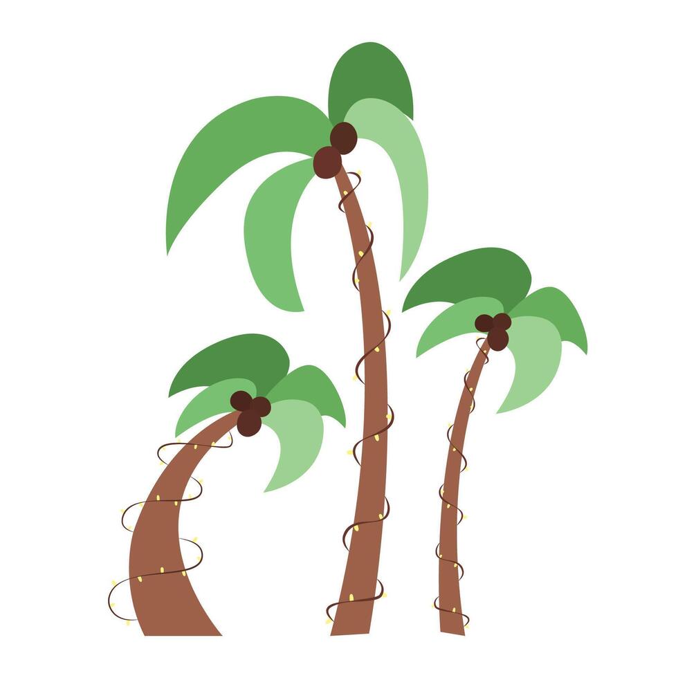 Summer set of palm trees with garlands on the trunks. Collection of exotic tropical flat illustration of plants. Bright lights on tree. Coconuts grow. Cliparts, stickers, elements for hotel business vector