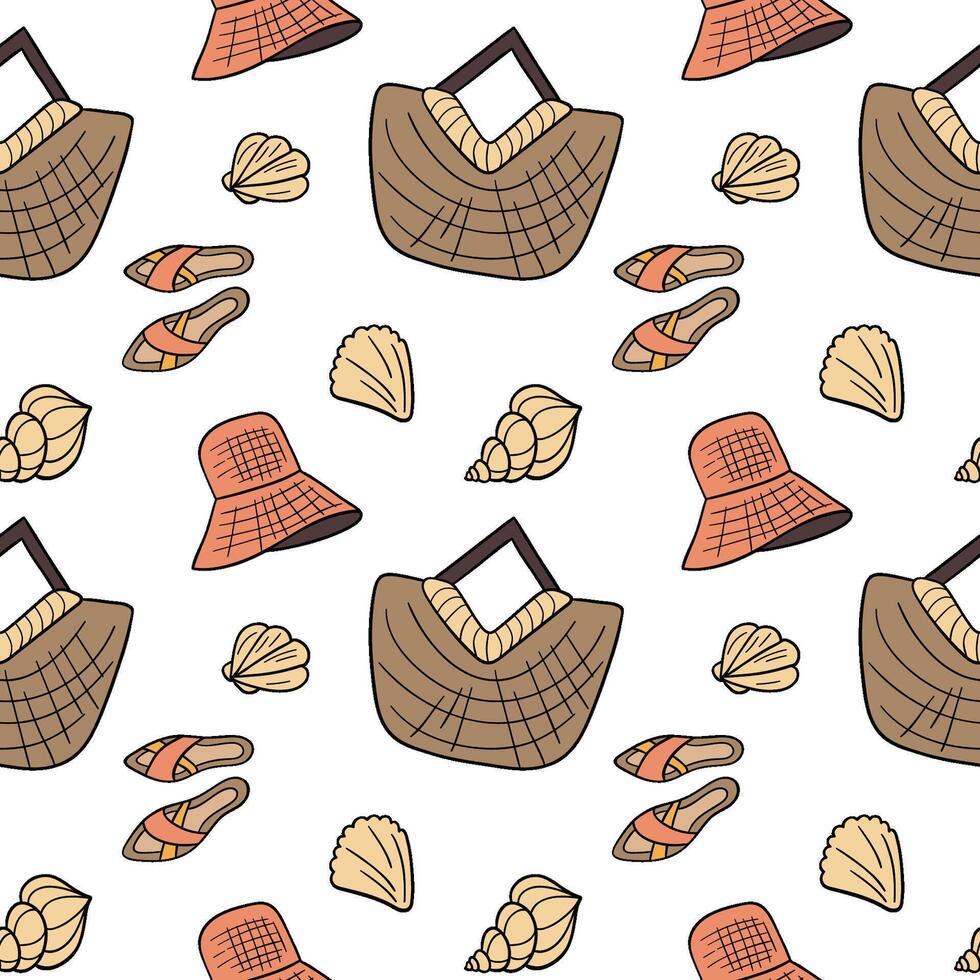 Simple summer seamless pattern. Beach bag, flip flops and various holiday items. vector