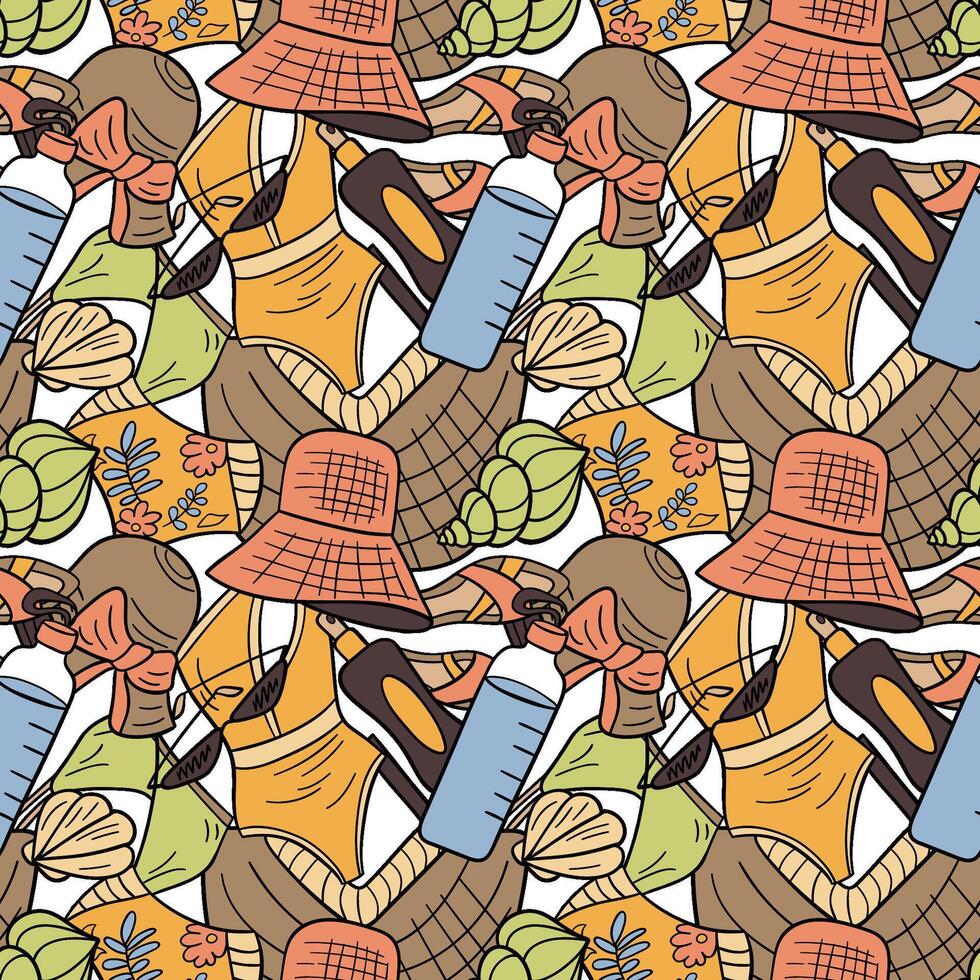 Crazy summer seamless pattern. Items for vacation. vector