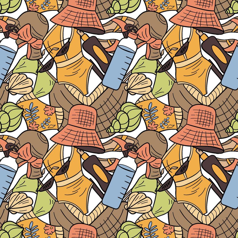 Crazy summer seamless pattern. Items for vacation. vector