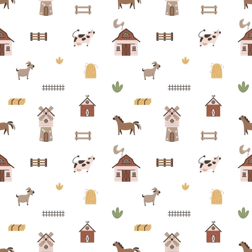 Cute seamless pattern with farm items in scandinavian style. vector