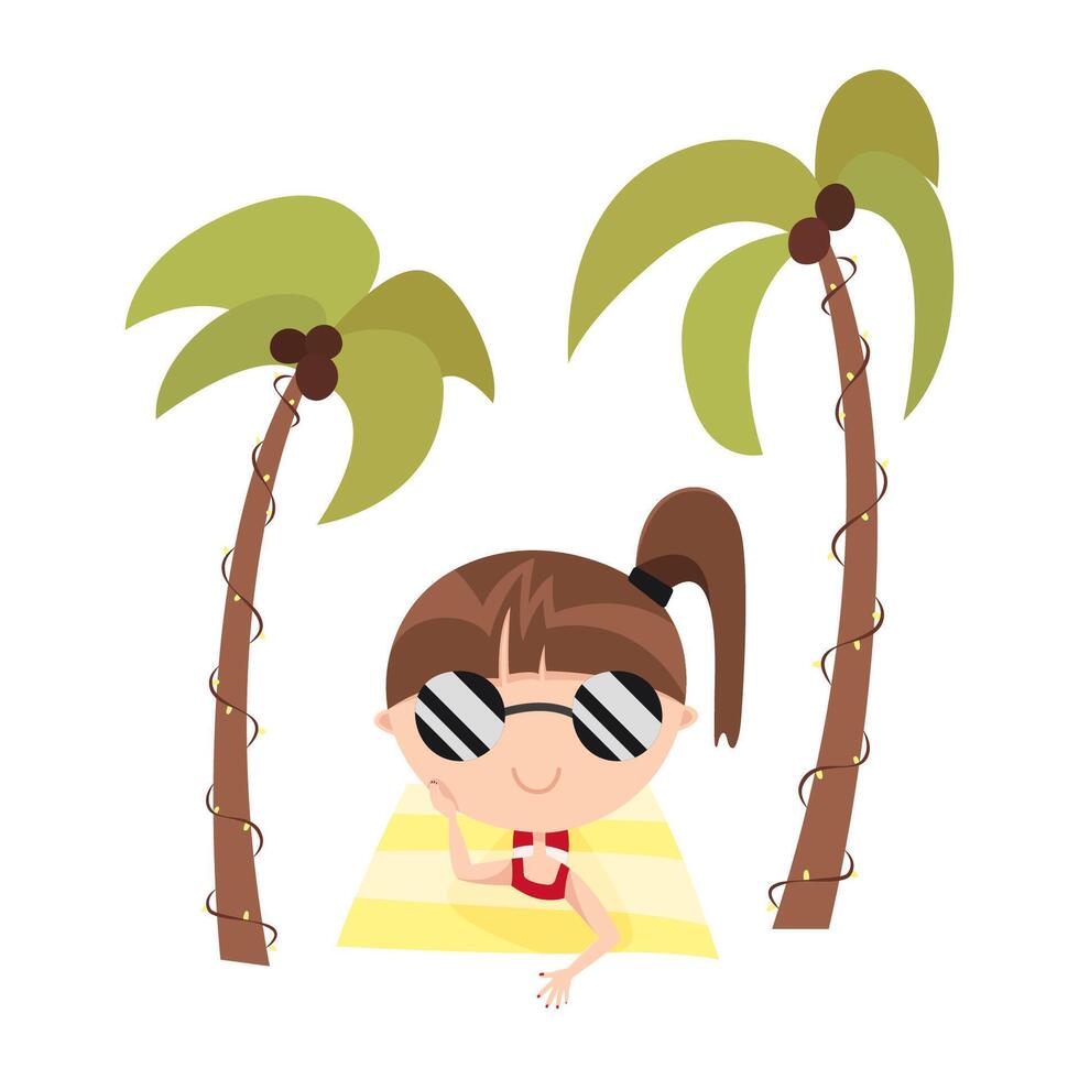 Cute cartoon teen girl in sunglasses sunbathes on a beach mat. Cool summer mascot character resting under palm trees. Flat illustration of vacation, relaxation, resort, hotel, island, tourism, travel. vector