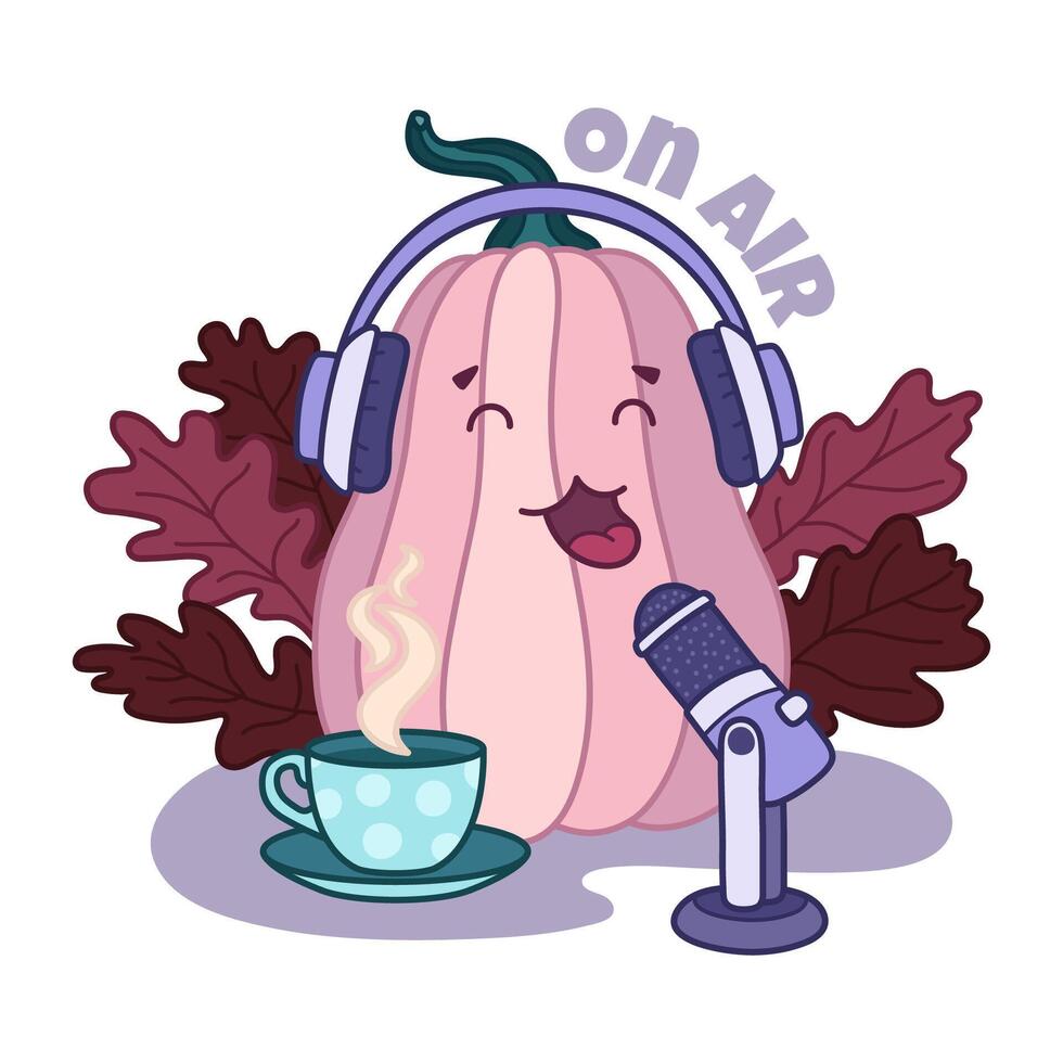 Cute doodle pumpkin character on air. Autumn podcast concept. Cartoon illustration. Anthropomorphic blogger with headphone, microphone and coffee cup. Atmosphere blogging. vector