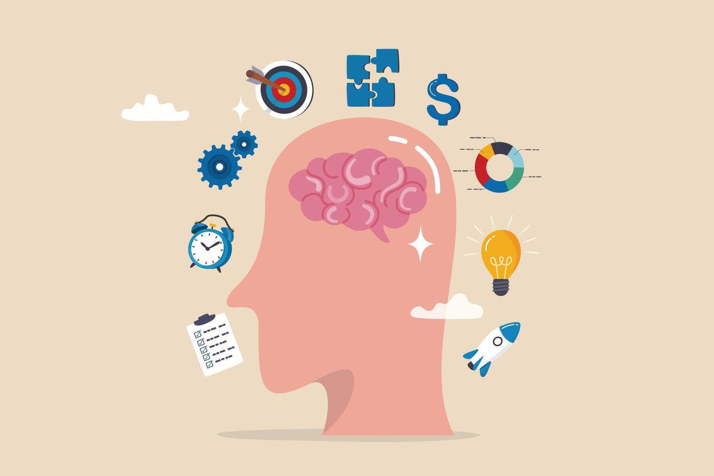 Genius or expert to develop or learning new skills, brainstorming, knowledge or wisdom, competence or intelligence to improve capability concept, human brain with success business management elements. vector