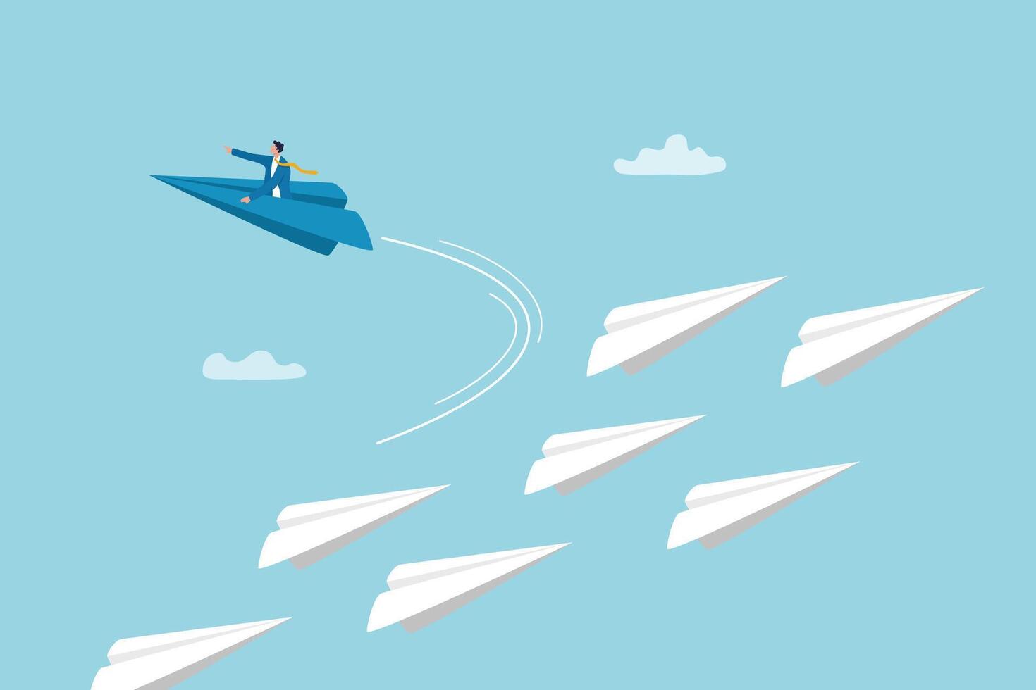 Change career path or difference direction, leadership or individual freedom to choose own way to success, courage to see opportunity concept, businessman flying origami airplane change direction. vector