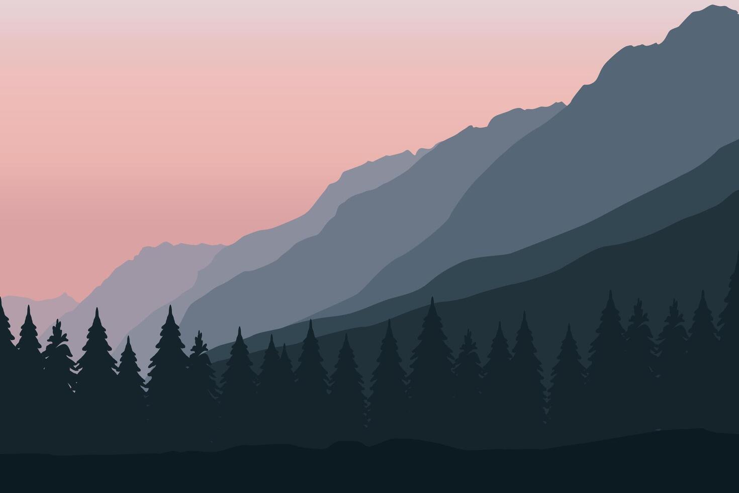 panoramic view of mountains and pine forests. Illustrated in a flat style. vector