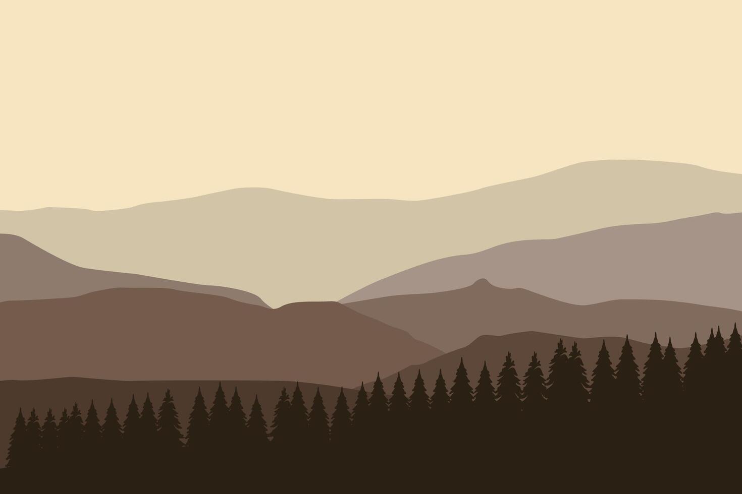 panoramic view of mountains and pine forests. Illustrated in a flat style. vector