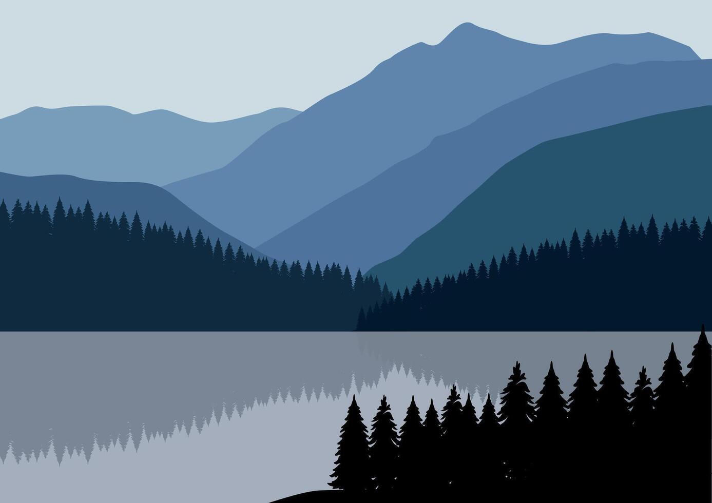 lago y montañas paisaje. ilustración en un plano estilo. vector