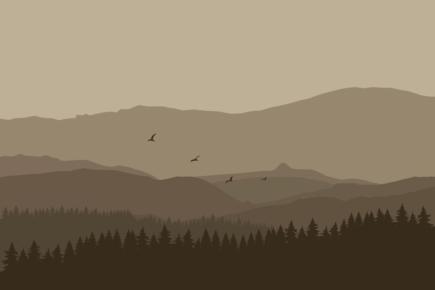 panoramic view of mountains and pine forests. Illustrated in a flat style. vector