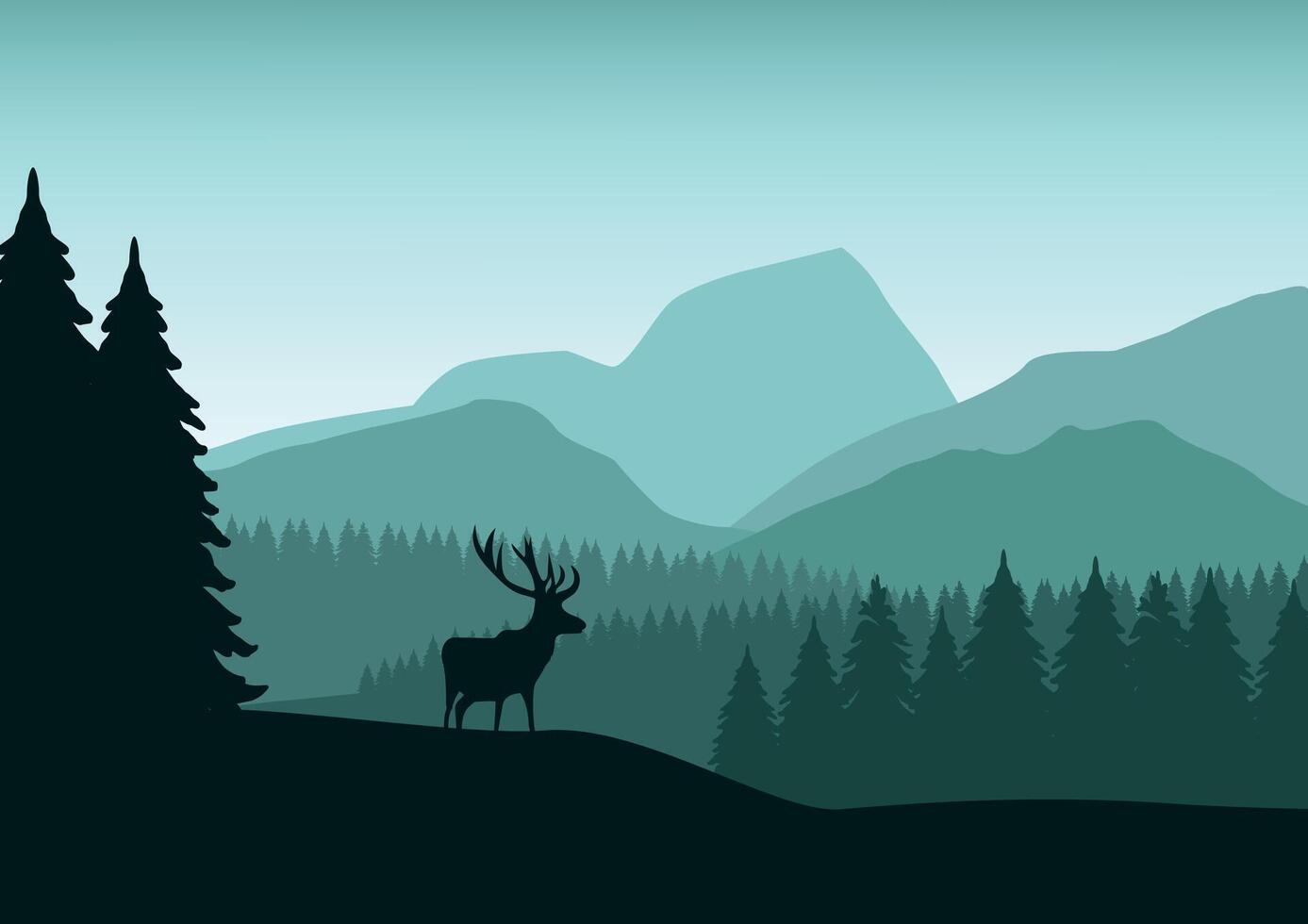 Deer in pine forests and mountains. Illustration in a flat style. vector