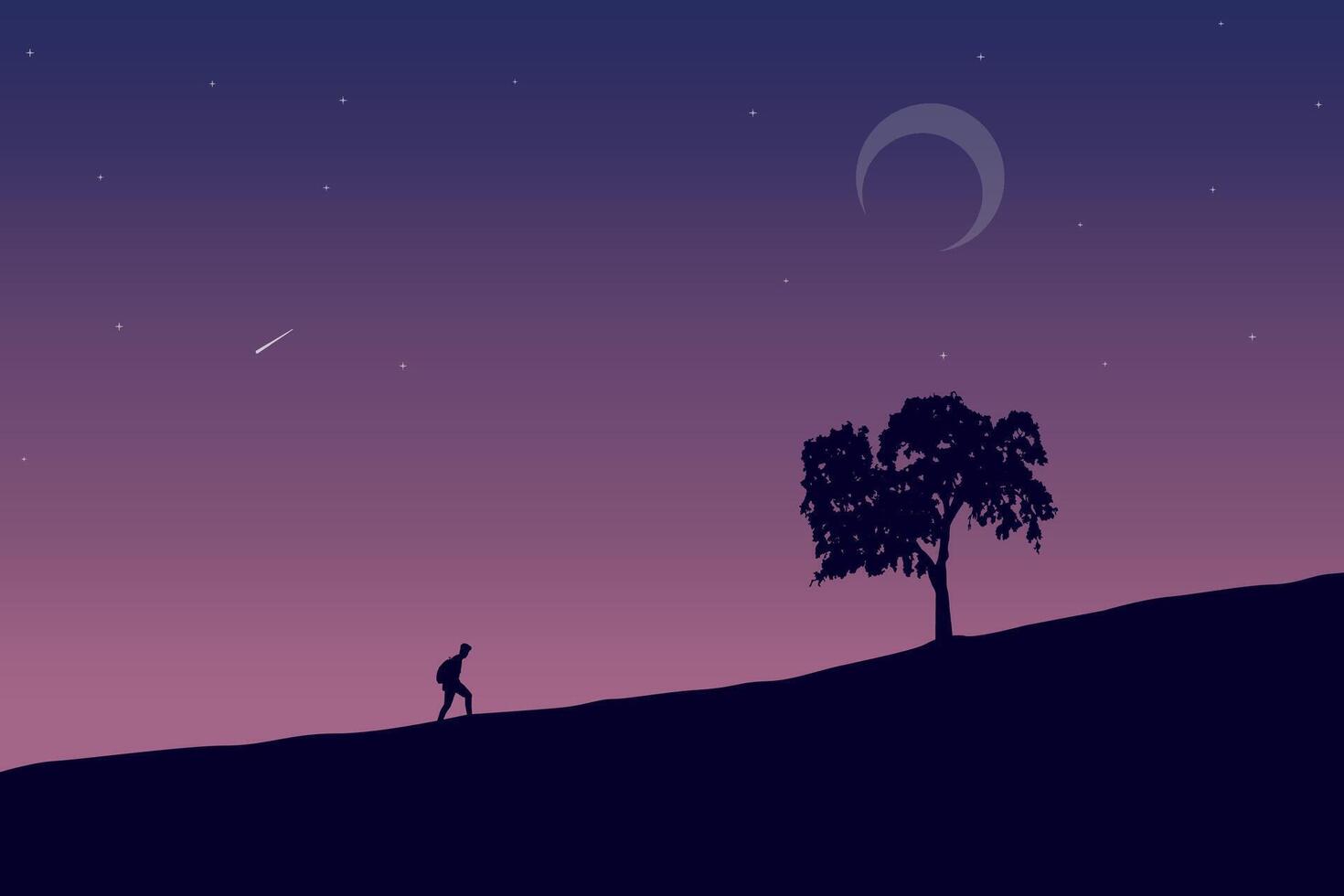 human in the grass and a tree at night. Illustration in flat style. vector