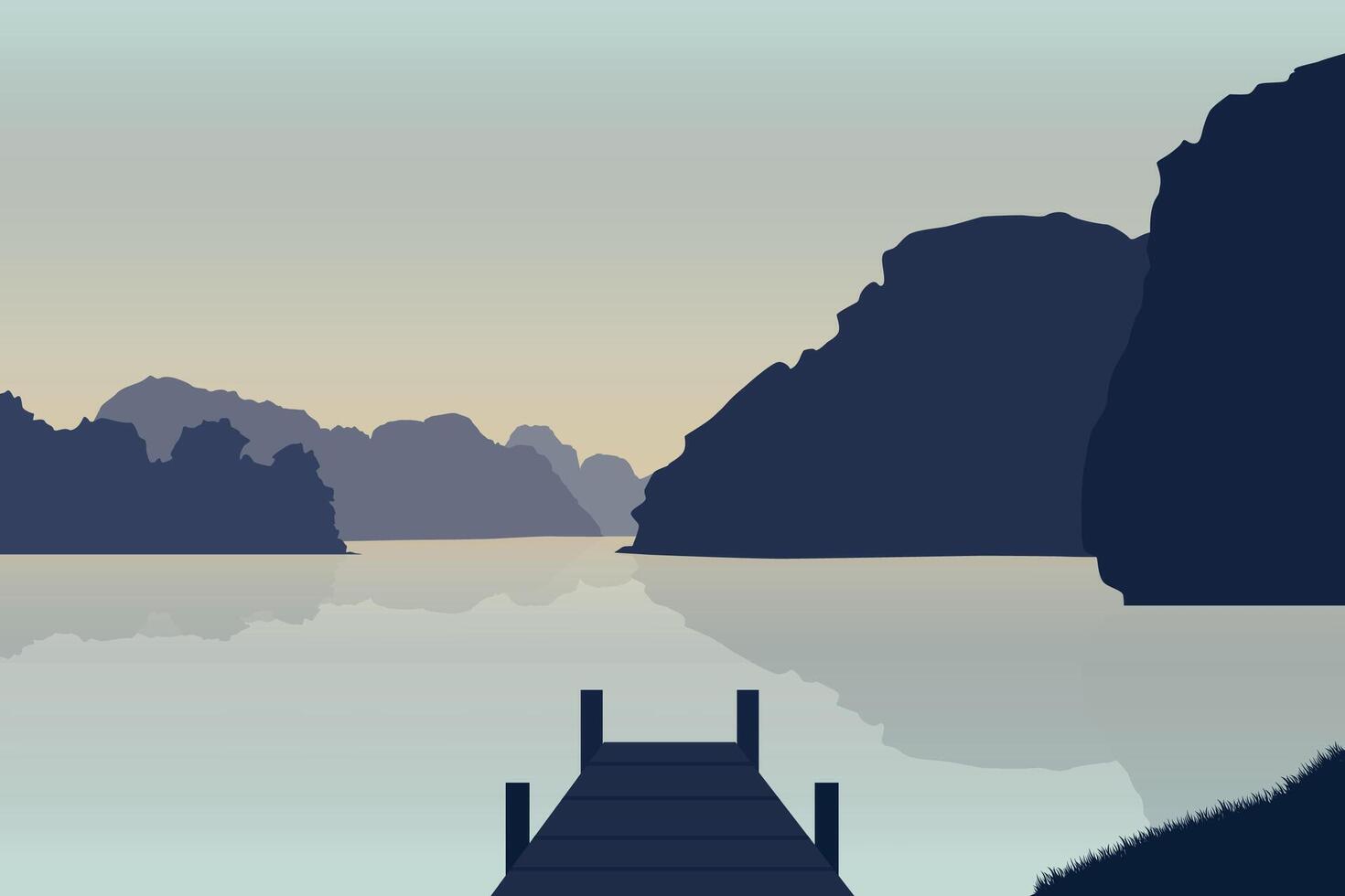 Landscape with lake and wood pier. Illustration in flat style. vector