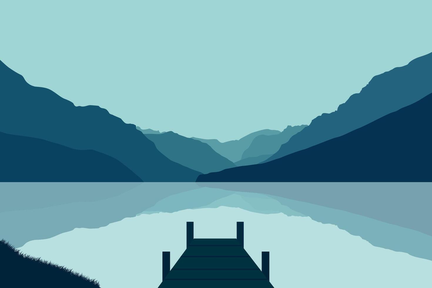 paisaje con lago y madera muelle. ilustración en plano estilo. vector