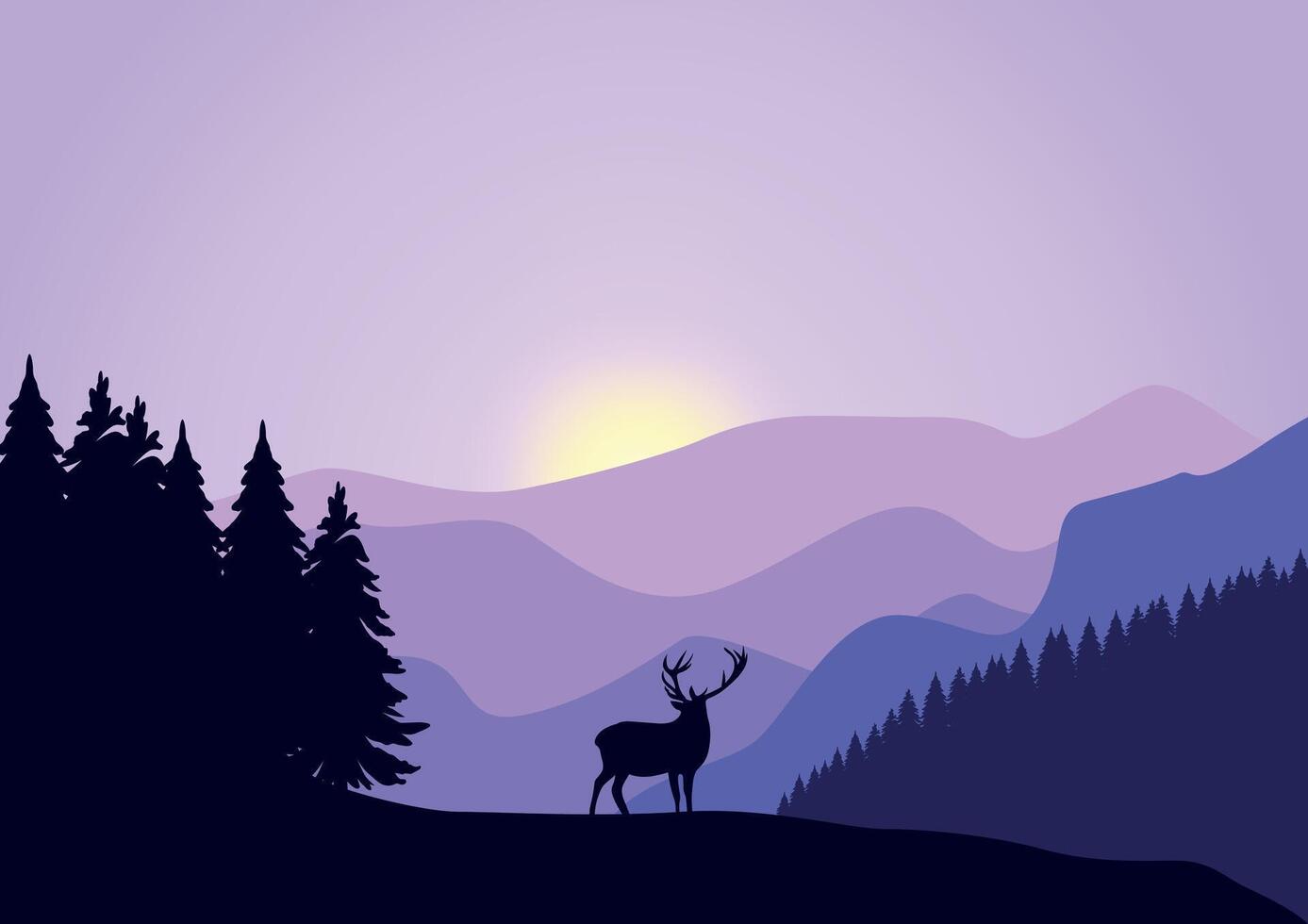 Deer in pine forests and mountains. Illustration in a flat style. vector