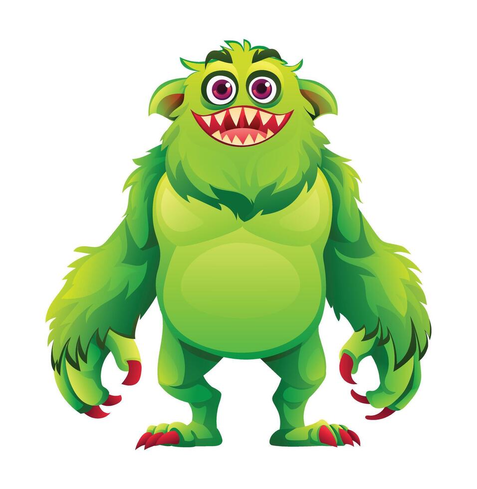 Happy green furry monster character. Cartoon illustration vector