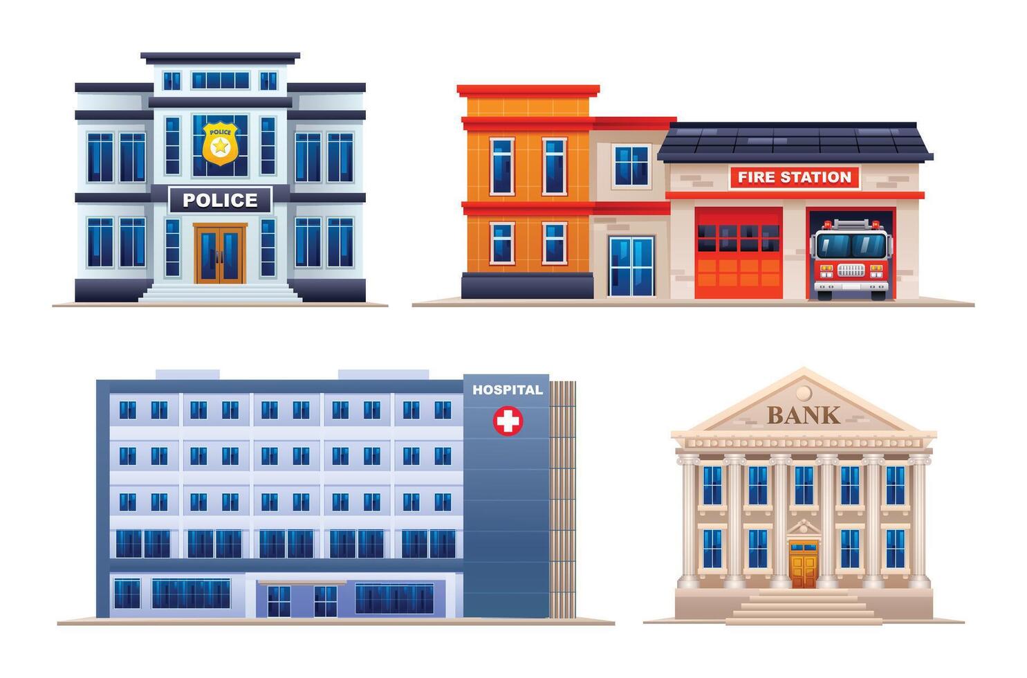Set of city buildings illustration. Police station, fire station, hospital and bank vector