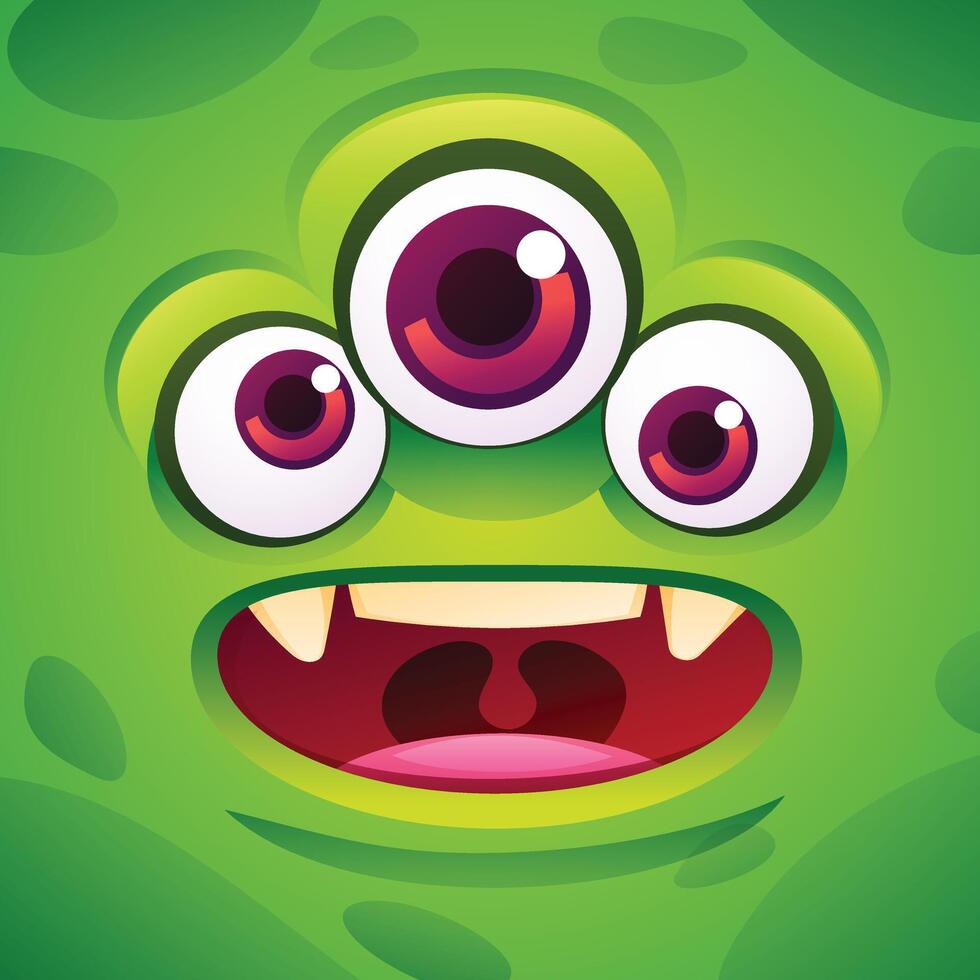 Happy green monster with three eyes cartoon character face expression illustration vector