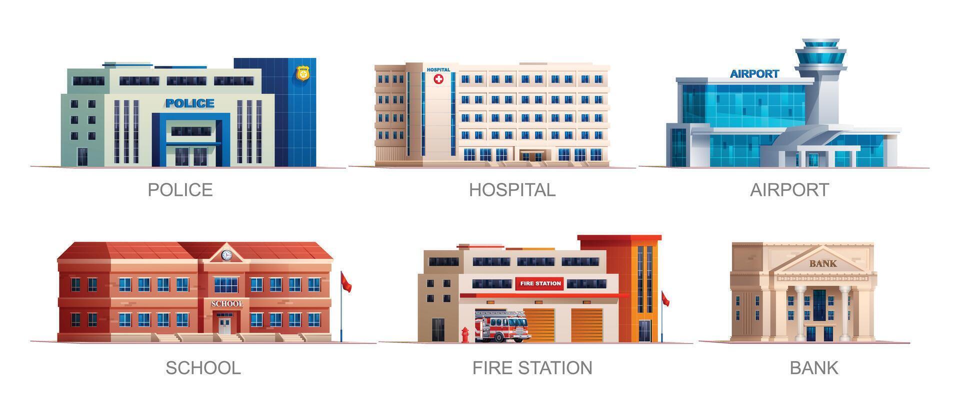 conjunto de ciudad edificios ilustración. policía estación, hospital, aeropuerto, escuela, fuego estación y banco vector