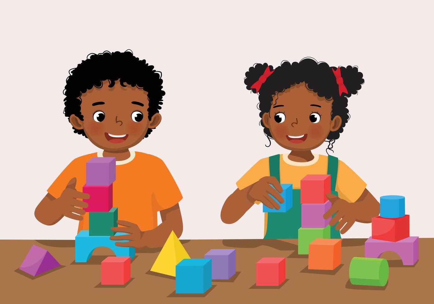 Cute little African kids boy and girl playing colorful wooden brick block toys together at the table vector