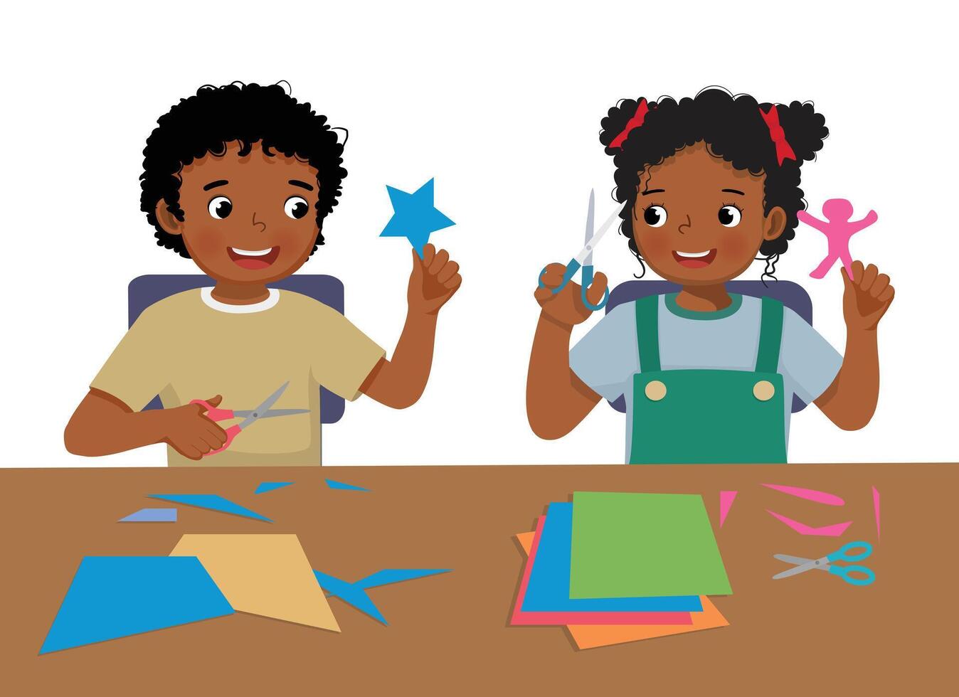 Cute little African kids boy and girl cutting colored paper with scissors making paper cut art craft vector