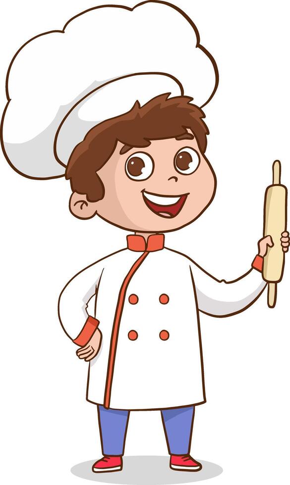 illustration of child cooks. Cartoon mascots in various dynamic poses. People boy and girl chef in white hats, illustration vector