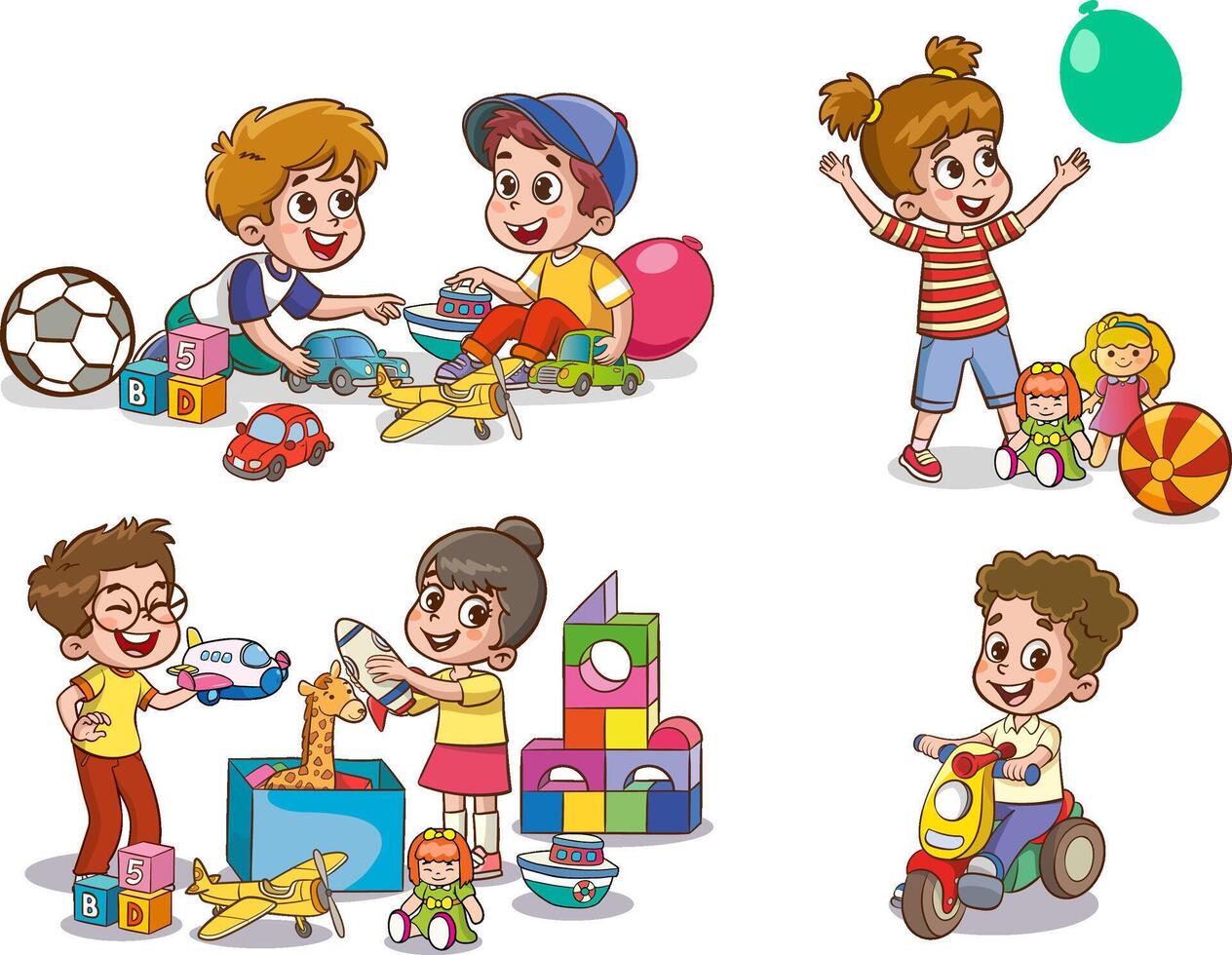 Set collection of cute baby kids characters playing with toys doing activities in different poses. Children jump, move, have fun in a good mood, play, hang out with different emotions. vector