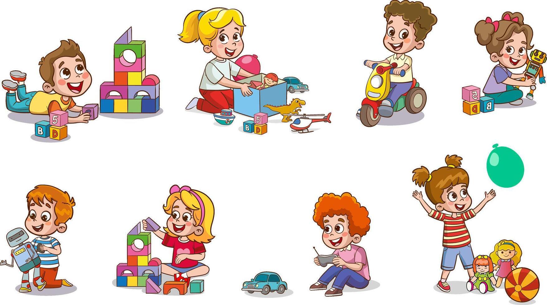 Set collection of cute baby kids characters playing with toys doing activities in different poses. Children jump, move, have fun in a good mood, play, hang out with different emotions. vector