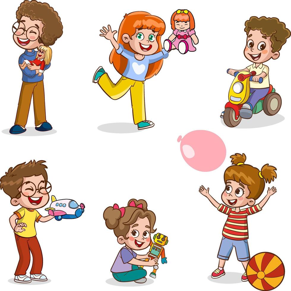 Set collection of cute baby kids characters playing with toys doing activities in different poses. Children jump, move, have fun in a good mood, play, hang out with different emotions. vector