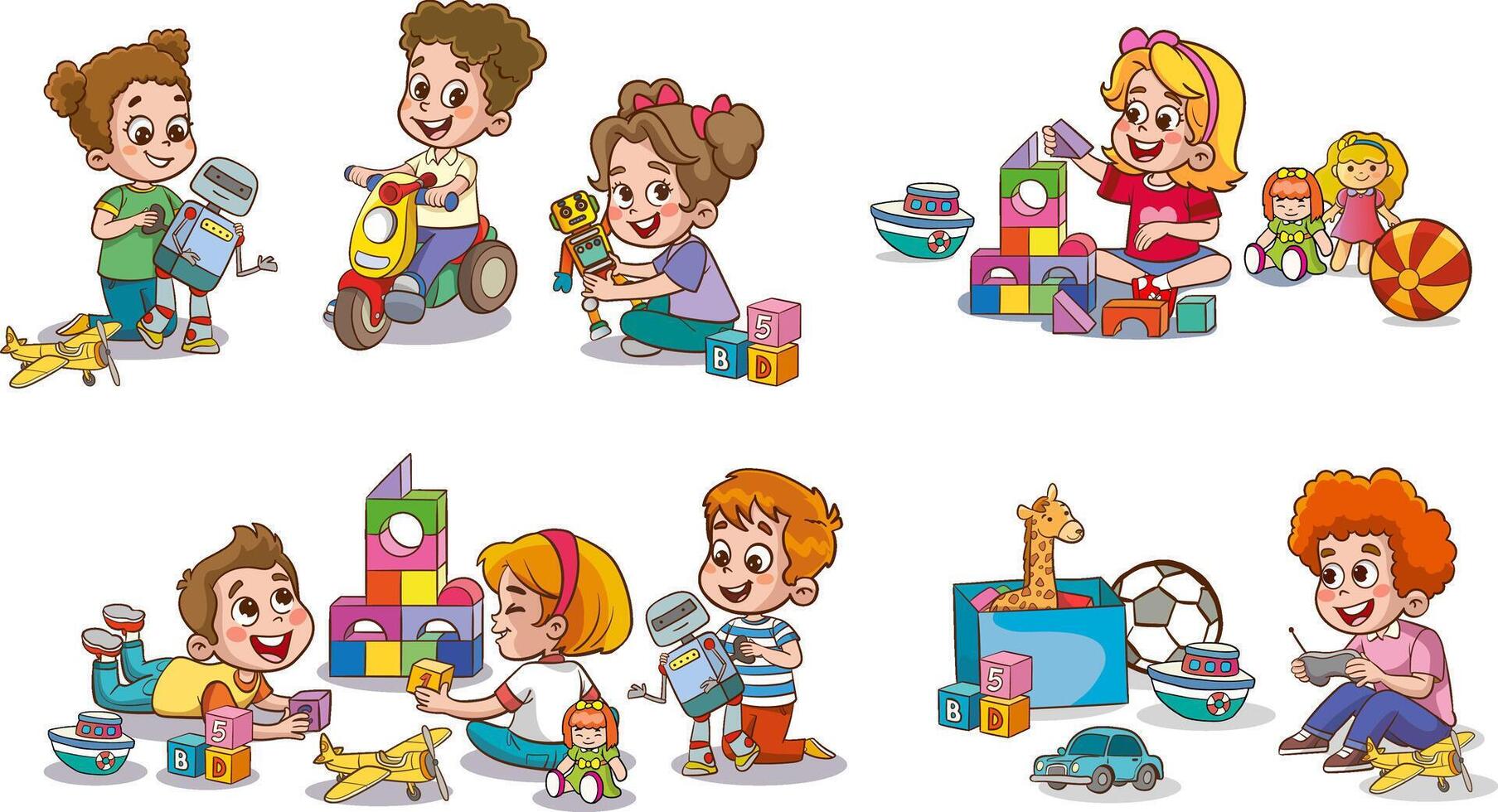 Set collection of cute baby kids characters playing with toys doing activities in different poses. Children jump, move, have fun in a good mood, play, hang out with different emotions. vector