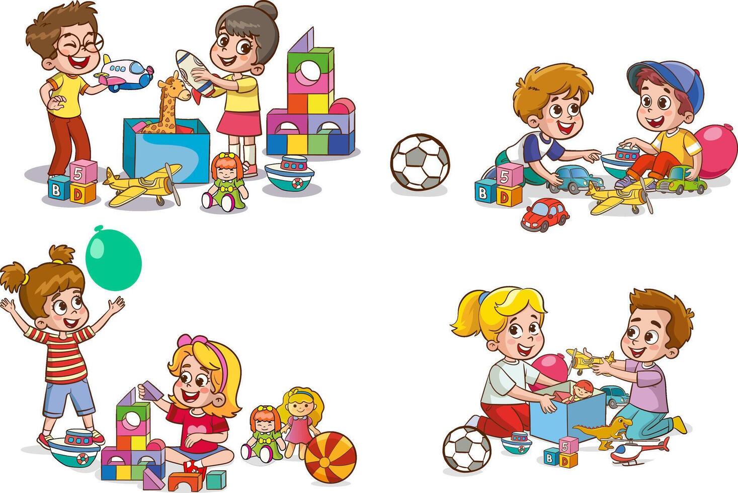 Set collection of cute baby kids characters playing with toys doing activities in different poses. Children jump, move, have fun in a good mood, play, hang out with different emotions. vector