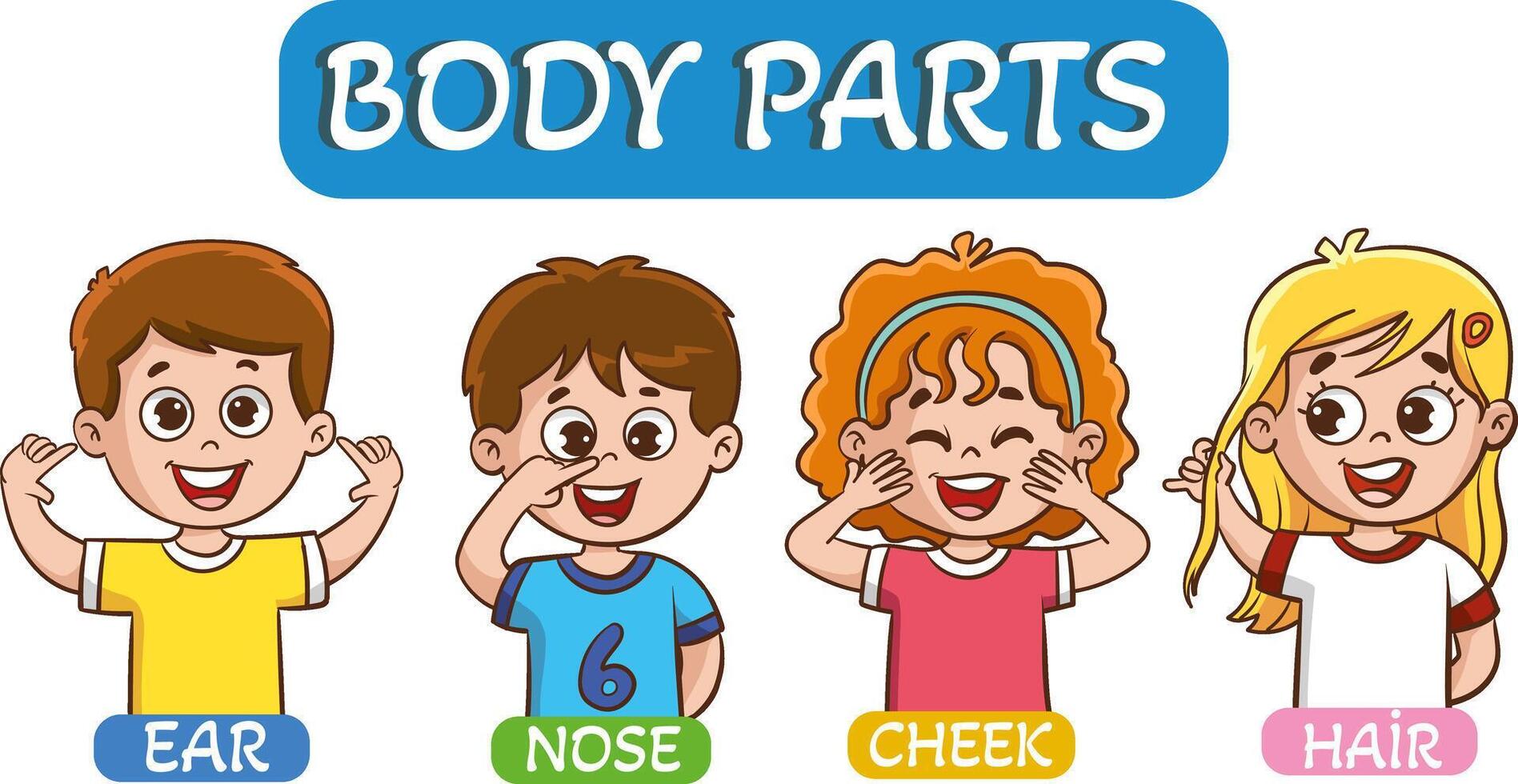 little kids holding cards about 5 senses.little children showing parts of the body vector