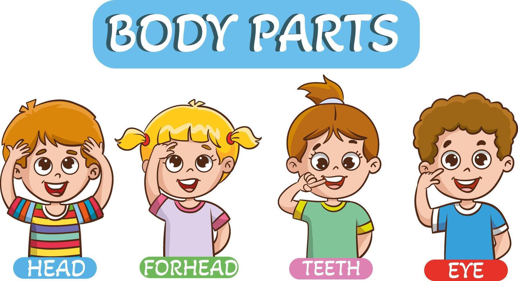 little kids holding cards about 5 senses.little children showing parts of the body vector