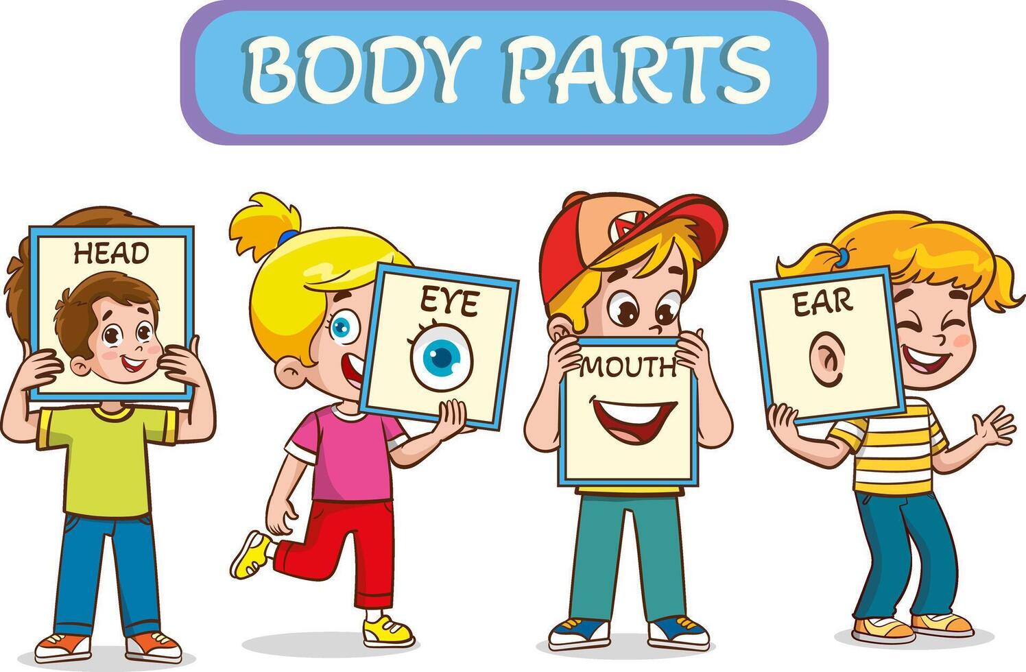 little kids holding cards about 5 senses.little children showing parts of the body vector