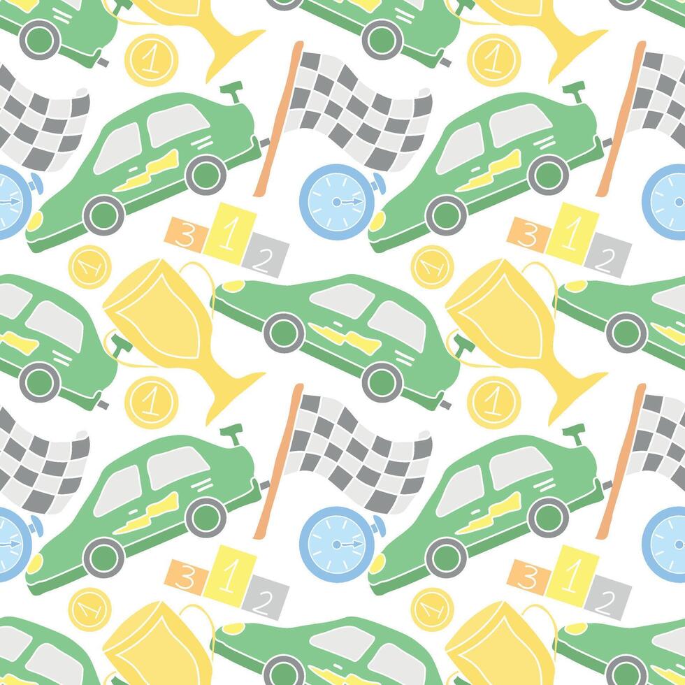 Seamless car pattern. Cartoon car background. Racing illustration vector