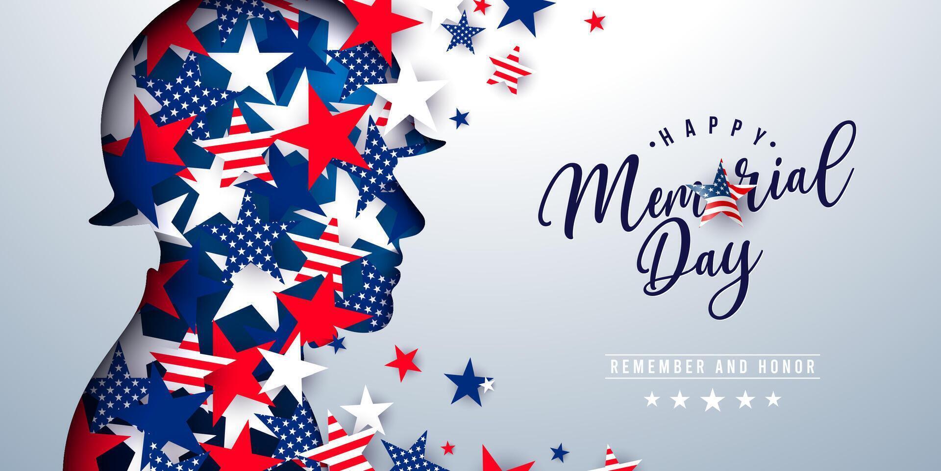 Memorial Day of the USA Illustration with Flying Flag Pattern Stars in Patriotic Soldier Silhouette on Light Background. American National Celebration Design with Typography Lettering for vector