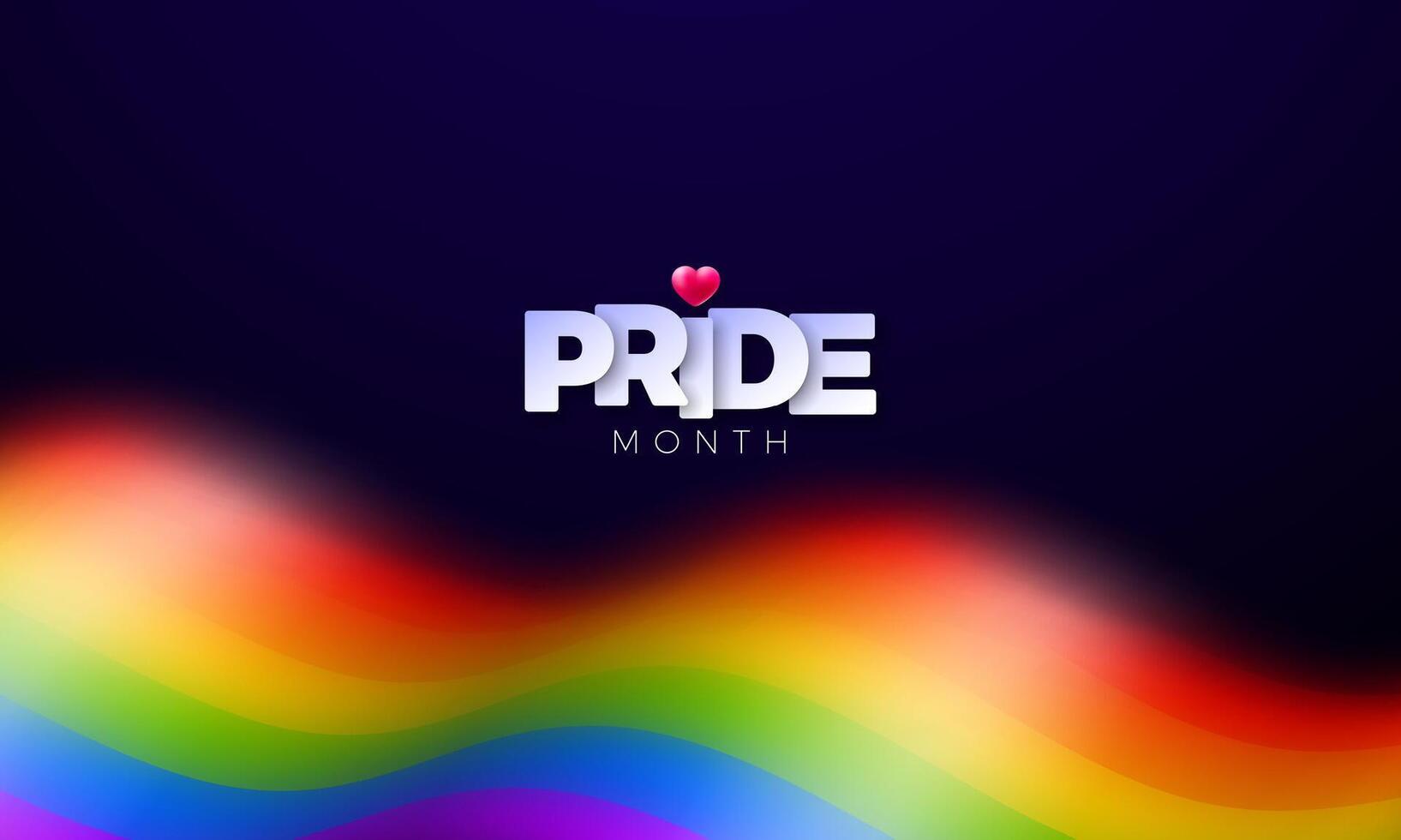 contento orgullo mes lgbtq ilustración con rosado corazón y borroso arco iris bandera modelo en oscuro azul antecedentes. junio amor es amor humano derechos o diversidad concepto. lgbt evento bandera diseño para vector