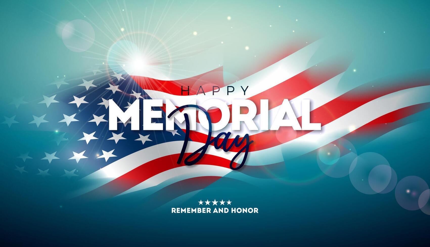 Memorial Day of the USA Banner Design with Blurred American Flag on Shiny Sky Blue Background. National Patriotic Celebration Illustration for Postcard, Flyer, Web Banner, Greeting Card vector