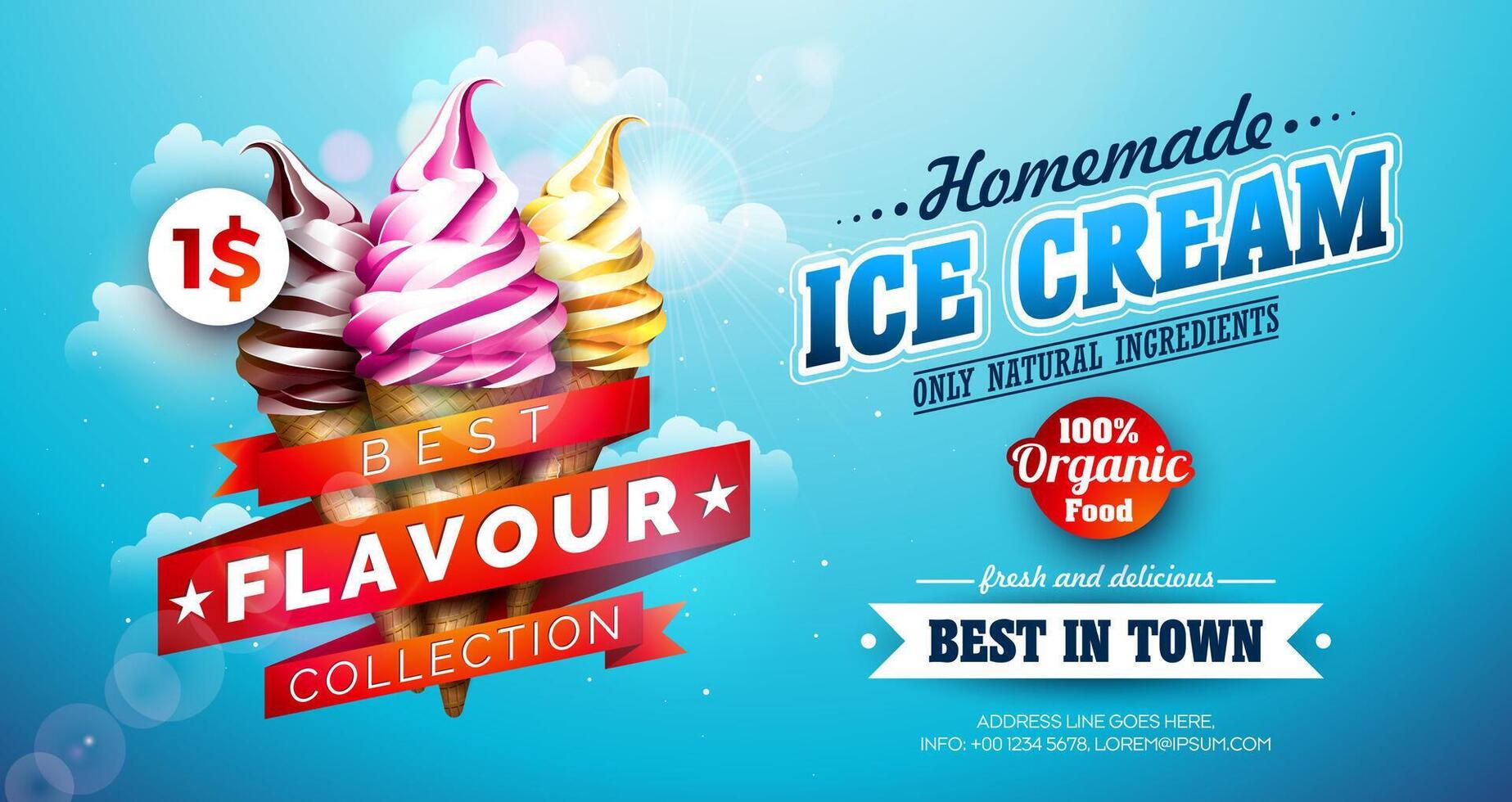 Delicious Ice Cream Flyer Design with Classic Taste Sundaes on Blue Cloudy Sky Background. Summer and Business Theme Illustration with Text Label for Postcard, Banner, Flyer, Greeting Card vector