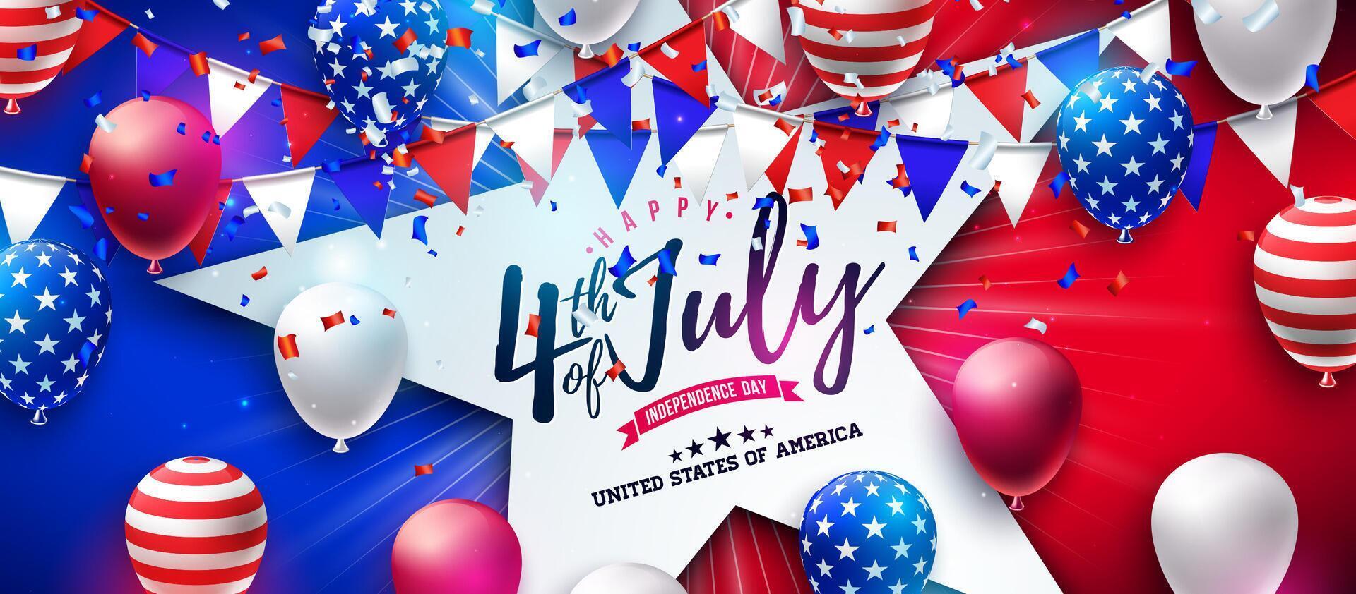 4th of July Independence Day of the USA Illustration with American Flag Pattern Party Balloon and Falling Confetti on Red and Blue Background. Fourth of July National Celebration Design with vector