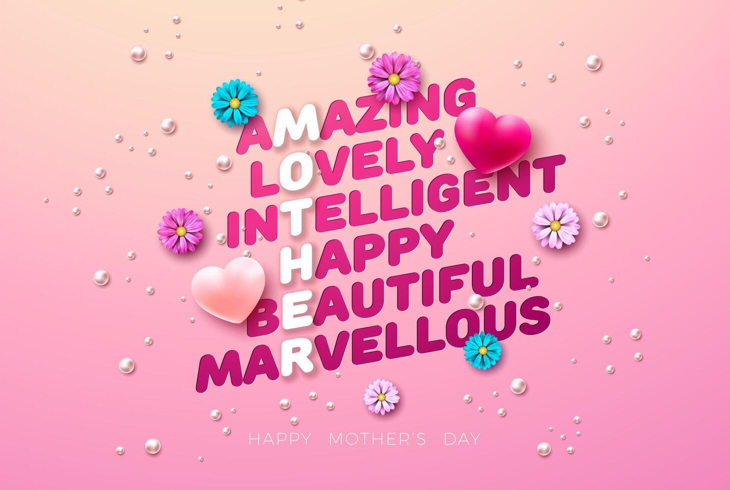 Happy Mother's Day Greeting Card Design with Hearts and Colorful Flowers on Pink Background. Mothers Day Illustration for Banner, Postcard, Flyer, Invitation, Brochure, Poster. vector