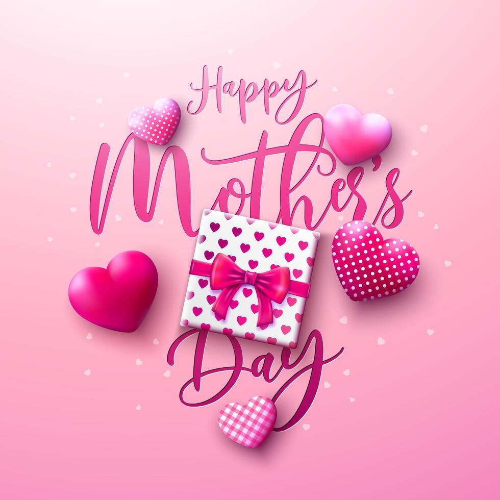 contento de la madre día saludo tarjeta diseño con corazones y regalo caja en rosado antecedentes. madres día ilustración con tipografía letras para bandera, tarjeta postal, volantes, invitación, folleto, póster vector