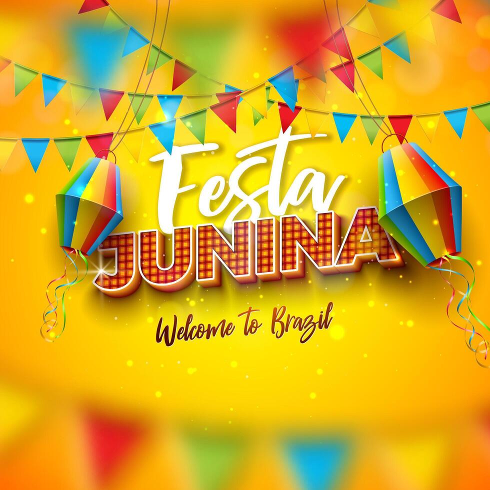 festa junina ilustración con banderas y papel linterna en amarillo antecedentes. Brasil junio Santo Juan festival diseño con 3d a cuadros letras para saludo tarjeta, bandera, invitación o póster. vector