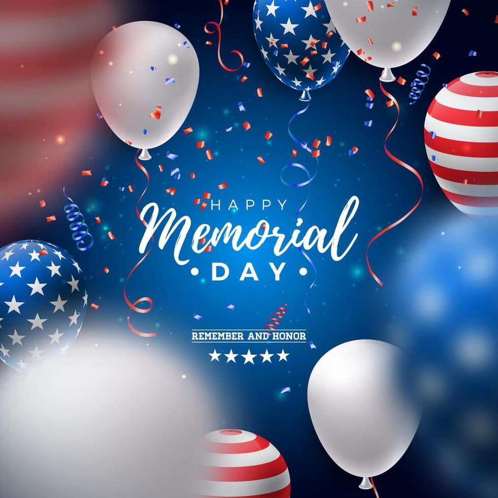 Memorial Day of the USA Design Template with American Flag Air Balloon and Falling Confetti on Shiny Blue Background. National Patriotic Celebration Illustration for Banner, Greeting Card or vector